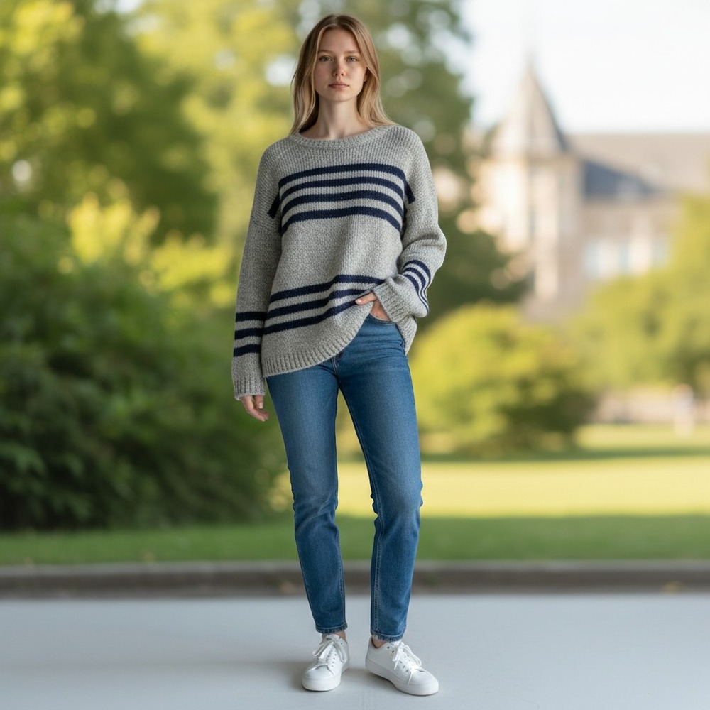 Hem & Thread Large Navy Striped Pointelle Leaf Knit Sweater Crew Neck Preppy